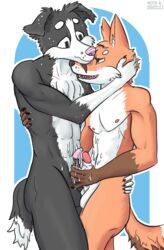 anthro balls black_fur blush border_collie canine collie cum cum_on_stomach embrace erection fox frottage fur hug humanoid_penis male mammal mothandpodiatrist nipples nude orange_fur orgasm penis red_fox sex simple_background smile white_fur yaoi