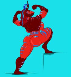 anthro ass biceps big_breasts big_butt blue_hair breasts conchapeluda female grin hair horn looking_at_viewer muscular muscular_female red_hair red_skin scarab smile solo stripes