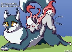 absurd_res ambiguous_gender balls blue_body blue_fur canid canine canis closed_eyes doggy_style duo eyeliner feral feralized fluffy fluffy_tail fox from_behind_position fur generation_8_pokemon genitals grey_body hi_res hisuian_form hisuian_zorua illumination_entertainment long_tail looking_pleasured looking_up lotnik5 lying makeup male male/ambiguous mammal motion_lines nintendo on_front penetration perching_position plap pokemon pokemon_(species) porsha_crystal raised_tail red_body red_fur regional_form_(pokemon) sex shaded side_view simple_background simple_shading sing_(movie) size_difference small_dom_big_sub tail text thinking toony white_body white_fur wolf yellow_eyes zorua