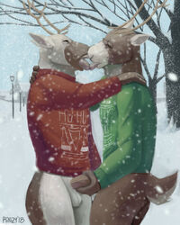 2018 anthro antlers ass balls bottomless cervine closed_eyes clothed clothing duo erection fur handjob horn kissing male mammal multicolored_fur open_mouth outside partially_clothed penis penis_grab reindeer rinzy sex signature snow snowing standing sweater tongue tongue_out tree two_tone_fur vein white_balls yaoi