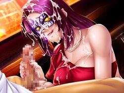 censored cum cum_on_breasts cum_on_face cum_string dress handjob kagami_hirotaka koukawa_oboro large_breasts licking_lips lilith-soft lipstick long_nails mask nail_polish oboro_(taimanin_asagi) purple_hair taimanin_(series) taimanin_asagi taimanin_rpgx