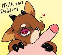 2017 ambiguous_gender anthro bite_(character) blush brown_fur cervine claws duo erection flat_colors fur half-closed_eyes heart hooves horn human human_on_anthro humanoid_penis interspecies male male/ambiguous mammal milkpudding oral penis red_eyes signature simple_background solo_focus tan_fur