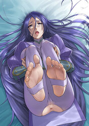 1girls anus arm_guards ass bangs blue_eyes blue_hair blush bodysuit breast_press breasts cameltoe fate/grand_order fate_(series) feet feet_together feet_up female female_focus female_human female_human_feet female_only foot_fetish foot_focus full_body hair_between_eyes knees_on_chest large_breasts legs_up long_hair long_sleeves looking_at_viewer lying minamoto_no_raikou_(fate/grand_order) nail_polish on_back open_mouth pink_nails puffy_long_sleeves puffy_sleeves purple_bodysuit ribbed_sleeves soles solo solo_female solo_focus stirrup_legwear toeless_legwear toenail_polish toes torn_bodysuit torn_clothes very_long_hair yonoki