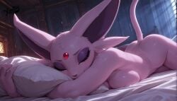 ai_generated animated anthro bed bedroom breasts eeveelution espeon eyebrows eyelashes eyeshadow female hugging_pillow inside lying_on_bed nude pillow pokemon pokemon_(species) solo tagme tail video