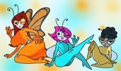 2020s 2025 3girls 4_arms afro_hair antennae_(anatomy) anthro artist_name artist_signature big_ass big_breasts breast_size_difference brown_hair catsuit cosplay crossover_cosplay dark_blue_hair deterex525 deto_the_tiddu devil_horns_(gesture) disney disney_channel female female_only fully_clothed hand_between_legs hand_on_floor hand_on_own_ass hands_on_own_legs insect_girl insect_wings interspecies looking_at_viewer magenta_hair maggie_(the_buzz_on_maggie) maggie_pesky maria_(the_buzz_on_maggie) maria_monarch maria_the_monarch medium_breasts monarch_butterfly multi_arm on_knees peace_sign perky_breasts rayna_(the_buzz_on_maggie) rayna_cartflight seductive_pose sexy_pose shorter_female shortstack sitting_down size_difference small_breasts spies spread_legs spysuit taller_female the_buzz_on_maggie thick_thighs totally_spies watermark wide_hips