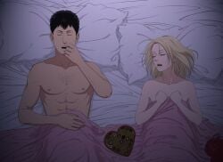 1boy 1girls after_sex annie_leonhardt athletic_male attack_on_titan bertolt_hoover chocolate_box dim_lighting disheveled_hair duo duo_focus eating_chocolate eating_food fit_male hair_down implied_after_sex maruta messy_hair sheets shingeki_no_kyojin straight untied_hair