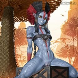 ai_generated alien alien_girl ass avatar avatar:_fire_and_ash blue_skin bra breasts earrings female luckyen451 na'vi no_panties nude pussy seductive_eyes shaved_pussy smiling spread_legs tattoo varang yellow_eyes
