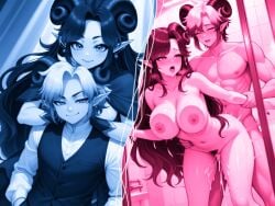 1boy 1girls ai_generated arm_grab bathroom bathroom_sex before_and_after big_breasts blue_filter blush breasts brother_and_sister cerise_goetis_(vtuber) cum cum_drip cum_in_pussy cum_on_thighs earrings from_behind from_behind_position hispanic_virtual_youtuber incest latam_virtual_youtuber long_hair nipples orgasm_face pink_filter pubic_hair sex short_hair siblings smile smug_smile split_screen taken_from_behind vaginal_penetration vaginal_sex virtual_youtuber waist_grab