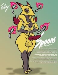 absurd_res alakazam anthro ass balls big_butt cutlery digital_media_(artwork) english_text erection evil_look eyeshadow facial_hair frooby generation_1_pokemon genitals grey_body hair hands_together hi_res kitchen_utensils looking_at_viewer magic magic_user makeup male moustache mouthless nintendo nipples nude pecs penile_spines penis pokemon pokemon_(species) psychic_energy psychic_powers red_eyes red_hair scar signature simple_background solo spoon team_rocket telekinesis text thick_thighs tools undercover wide_hips yellow_body