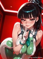 1girl 2026 ai_generated anime bangs bare_shoulders bent_over black_hair blunt_bangs blush bodysuit boobs breasts brown_eyes cleavage covered_nipples crossover eve_(stellar_blade) eye_contact female female_focus finger_to_mouth fingerless_gloves flushed gloves handwear highres huge_breasts index_finger_raised large_breasts latex leaning_forward lips long_hair looking_at_viewer necktie nsfw patreon patreon_username ponytail rognezart shift_up shiny shiny_clothes shushing skin_tight smile smiling solo stellar_blade very_long_hair white_gloves