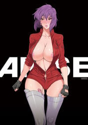 1girls alternate_version_available areola_slip areolae aroused big_breasts blush breasts breasts_bigger_than_head brown_eyes busty cleavage cyborg eyelashes fei_(maidoll) female female_focus female_only fingerless_gloves ghost_in_the_shell ghost_in_the_shell_arise hourglass_figure jacket kusanagi_motoko large_breasts leather leather_jacket light-skinned_female light_skin lips looking_at_viewer pink_lipstick purple_hair short_hair short_shorts sleeves_rolled_up solo solo_female standing thighhighs vibrator_under_clothes walking wide_hips