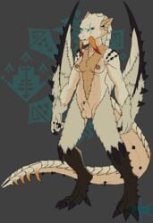 4_fingers 4_toes ambiguous_gender animal_genitalia anthro balls barioth breasts capcom claws dickgirl dragon fallis_imarioth frostwyrm102 fur intersex membranous_wings monster_hunter nude pseudowyvern scales sheath simple_background solo toes tusks video_games wings wyvern