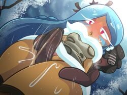 1boy1girl 1male1female arms_at_sides artist_name blue_hair blue_hair_female blush blushing_female boots coat cookie_run cookie_run_kingdom covered_eyes curly_hair curly_hair_male dark_skin dark_skinned_male face_paint feet_out_of_frame female_focus forest_background grinding hair_covering_eyes holding_thighs leopard_print long_hair long_hair_female looking_down male_behind_female nami955 oc_x_canon open_mouth original_character red_pupils rubbing_pussy short_hair short_hair_male sweating sweating_female thick_thighs thigh_fuck thigh_sex thighfuck thighjob tiger_lily_cookie trees visible_breath watermark wet_pussy white_eyebrows white_eyes white_eyes_female winter winter_background winter_clothes winter_coat