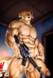 anthro balls big_penis canine gun half-erect holding_penis humanoid_penis m4_carbine male male_only mammal muscular muscular_male nexus nude pecs penis ranged_weapon retracted_foreskin rifle smile solo standing uncut vein weapon