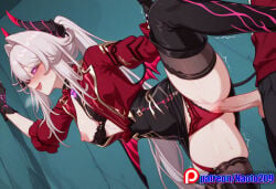 1girls ai_generated black_bra black_skirt devil_tail horn naotopanchira panties pantyshot pencil_skirt purple_eyes red_jacket solo_focus succubus thelema thelema_(honkai_impact) thelema_nutriscu upskirt white_hair