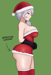 1girls arrow ass big_ass blue_eyes bojack198 christmas christmas_clothing christmas_headwear christmas_outfit dress evil_container female female_only green_background hair hat headwear legwear mature mature_female mature_woman meme meme_reference milf mother red_dress red_thighhighs rwby santa_hat short_dress side_boob side_view sideboob smile solo solo_female thighhighs thighs white_hair willow_schnee