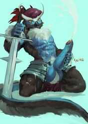 anthro avian balls big_balls big_penis bird body_hair chest_hair cum cum_on_self cumshot ejaculation erection goroguro hat kneeling male male_only masturbation melee_weapon muscular muscular_male orgasm owl penis pubes solo sword weapon