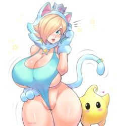 1girls 2021 alternate_breast_size bare_legs barely_clothed barely_contained blonde_hair blue_eyes blush breasts cat_ears cat_rosalina crown female female_only hair_over_one_eye hand_on_hip hips huge_breasts long_hair luma mario_(series) nintendo one-piece_swimsuit paw_gloves paws pinkkoffin princess_rosalina simple_background super_mario_3d_world tail tail_accessory teal_clothing thick_thighs thighs white_background wide_hips