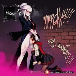 2girls ai_generated black_dress black_hair blush boots breasts cape clenched_teeth cloak clothed_sex colored_sclera colored_skin cum cum_in_mouth deepthroat dress english_text facial_mark fellatio forehead_jewel frilled_dress frills futa_with_female futanari hair_bun hand_on_another's_head head_grab heart heavy_breathing irrumatio knee_boots kneeling large_breasts long_hair long_sleeves multicolored_hair multiple_girls oral orgasm pale_skin pantyhose patreon_username penis pussy_juice red_eyes red_hair ruby_rose rwby salem_(rwby) saliva short_hair single_hair_bun speech_bubble standing sweat teeth third_eye tillian torn_clothes torn_pantyhose trembling vampire watermark white_hair