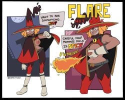 1girls 2d 2d_(artwork) areolae artist_name breast breasts_out cape donutnaz fire flame grinning mddnaz nipples original_character squeezing_breast squeezing_breasts tagme text witch_hat wizard