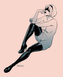 1girls artistic_nude bare_arms bare_shoulders blindfold breasts embarrassed female headband high_heels lipstick medium_breasts navel nier nier:_automata nude pubic_hair pussy rhabarberei simple_background solo_female thighhighs vagina yorha_2b
