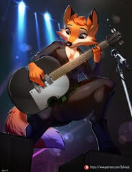 2018 5_fingers absurd_res anthro bass_guitar black_nose breasts cameltoe canine cheek_tuft chest_tuft cleavage clothed clothing concert darma detailed_background ear_tuft electric_guitar female footwear fox fully_clothed guitar hair hi_res humanoid legwear mammal microphone miniskirt musical_instrument orange_hair pantyhose patreon playing_guitar playing_music public pussy rock_dog shirt short_hair skirt smile solo standing sylviajo thick_thighs translucent tuft upskirt