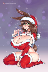 animal_ears areola_slip areolae bbc-chan breasts brown_hair bunny_ears bunny_girl candy candy_cane christmas christmas_hat christmas_outfit cleavage female female_only food_between_breasts full_cleavage huge_breasts lagomorph long_breasts looking_at_viewer nipple_bulge nipples puffy_areola rabbit_ears santa_costume santa_hat santa_outfit santa_suit solo thighhighs