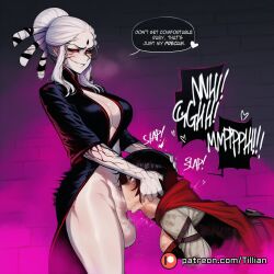 2girls ai_generated black_hair black_sclera blush breasts cape cleavage cloak colored_sclera colored_skin cracked_skin deepthroat english_text evil_smile facial_mark fellatio forehead_jewel futa_with_female futanari gradient_hair grin hair_bun head_grab heart irrumatio large_breasts long_hair multicolored_hair multiple_girls oral pale_skin patreon_username penis pubic_hair red_cape red_eyes red_sclera ruby_rose rwby salem_(rwby) saliva short_hair single_hair_bun smile speech_bubble testicles tillian vampire veins white_hair