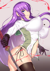 aster_crowley black_hair blood blue_hair clothing erect_nipples female highschool_of_the_dead hotd huge_breasts katana large_breasts long_hair nipples saeko_busujima school_uniform side-tie_panties solo sword very_long_hair