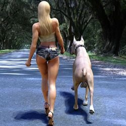 1animal 1girls 3d blonde_hair brodymax canine collar domestic_dog high_heels holding_leash implied_bestiality long_legs outdoors pet shorts testicles text tramp_stamp walking zoophilia