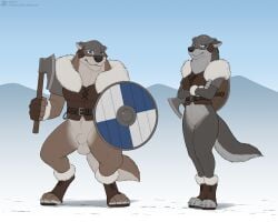 4_toes 5_fingers animal_genitalia anthro armor axe balls bottomless bottomless_anthro bottomless_female bottomless_male breasts canid canine canis clothed clothed_anthro clothed_female clothed_male clothing duo feet female fingerless_gloves fingers fur genitals gloves grey_body grey_fur handwear headgear helmet hi_res hindpaw humanoid_hands jishinu male mammal navel paws sheath shield snow standing tail toes wolf