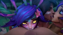1boy 3d 3girls balls blue_eyes centaur dark-skinned_female female_rimming_male foursome green_eyes group hair_ornament league_of_legends licking licking_anus licking_ass lillia_(league_of_legends) long_tongue looking_at_viewer meklab monster_girl neeko nidalee orientation_play_(lore) pale_skin ponytail rimjob rimming sucking_anus sucking_ass tanned teamwork tongue tongue_out triple_oral unusual_pupils vastaya yellow_eyes