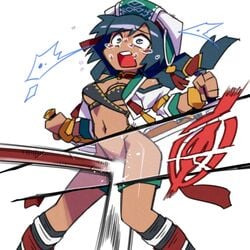 black_hair cunt_punt dark-skinned_female dark_skin female hat manteki_someone navel open_mouth ryona simple_background soul_calibur talim tonfa weapon white_background x-ray