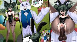 1boy 1girls 3koma azur_lane black_bunnysuit black_nails bowtie breasts bunnysuit censored cosplay costume dark-skinned_male dark_skin double_bun easter easter_bunny_(cosplay) easter_eggs eggs fake_animal_ears fake_rabbit_ears filming green_hair heir2 huge_cock light-skinned_female light_skin mosaic_censoring open_mouth outdoors outdoors_sex painted_nails penetration penis recording red_bowtie red_eyes sardegna_empire_(azur_lane) sex small_breasts squirting tongue tongue_out torricelli_(azur_lane) vaginal_penetration wrist_cuffs