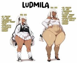 2025 ai_generated bra brat bratty character character_bio character_profile comparing comparison dark-skinned_female dark_skin el_memc hips information jacket letterman_jacket ludmila_(memch0) mature mature_female memch0 milf oc ocs original original_character original_characters sheets skirt small_breasts thick thick_thighs white_hair white_skirt wide_hips