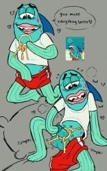 2020s 2023 anthro balls black_eyebrows black_text blue_arms blue_balls blue_body blue_fin blue_head blue_legs blue_penis blue_skin blush blush_lines bodily_fluids bottomwear breath clothed clothing digital_drawing_(artwork) digital_media_(artwork) drooling english_description english_text eyebrows fin_arms fish genitals grey_background grey_speech_bubble heart_symbol holding_key holding_object inanimate_object incidental_40_(spongebob) key lips male male_focus male_only marine meme nickelodeon no_underwear objectophilia open_mouth panting penis pillow pink_lips purple_spots raised_leg red_bottomwear red_clothing red_shorts red_swimming_trunks red_swimwear reference_image saliva sharp_teeth shirt shorts simple_background solo speech_bubble spongebob_squarepants spots swimming_trunks swimwear t-shirt teeth text topwear vvondermoon white_clothing white_shirt white_t-shirt white_topwear