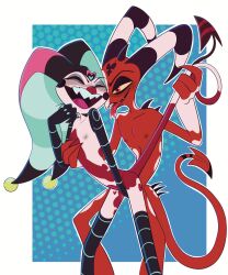 blitzo_(helluva_boss) crustbugs fizzarolli_(helluva_boss) friends_with_benefits hand_on_chest helluva_boss imp insects nipples no_visible_genitalia skinny_male sticking_out_tongue sticking_tongue_out tail_pull