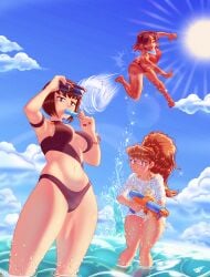 3girls armpits ass batman:_the_brave_and_the_bold belly_button bikini bikini_bottom bikini_top bob_cut breasts brown_eyes brown_hair clerk_girl_(teen_titans) closed_eyes cloud clouds crossover curious dark-skinned_female dark_skin dc dc_comics disgusted disgusted_expression disgusted_face disgusted_look doom_patrol_fangirl female female_focus female_only hi_res jgthehost jumping light-skinned_female light_skin looking_at_viewer marvel marvel_comics navel pedestrian_(earth's_mightiest_heroes) png ponytail popsicle popsicle_in_mouth popsicle_insertion popsicle_melting red_swimsuit sea seaside shirt smile smiling splashing sun sunglasses sunglasses_on_head sweat sweatdrop swimsuit teen_titans the_avengers:_earth's_mightiest_heroes thighs volleyball volleyball_(ball) water water_drop water_gun wet wet_clothes wet_clothing wet_shirt yellow_bikini