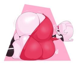 angel_dust angel_dust_(hazbin_hotel) angel_in_drag_(hazbin_hotel) anthro arachnid armwear arthropod ass big_ass big_butt clothed clothing crossdressing demon dress elbow_gloves femboy gloves handwear hazbin_hotel hellaverse heterochromia huge_ass huge_butt huge_thighs hyper hyper_butt laying_on_side legwear male refidl skirt skirt_lift solo spider stockings teasing teasing_viewer thick_thighs wigs
