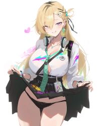 absurdres aqua_nails black_bag black_bra black_nails black_panties blonde_hair blush bra bra_visible_through_clothes bracelet braid braided_bangs breasts button_gap cleavage clothes_lift collarbone collared_shirt commentary earrings female flower gem green_gem green_necktie grin gyaru hair_between_eyes hair_ornament hair_over_one_eye hair_rings headphones headphones_around_neck heart highres jewelry large_breasts lifting_own_clothes long_hair looking_at_viewer lynae_(wuthering_waves) miniskirt mole mole_on_breast nail_polish necktie panties parted_lips pendant pleated_skirt purple_eyes school_uniform shirt shirt_tucked_in simple_background skirt skirt_lift skirt_lifted_by_self skull_hair_ornament smile solo star_(symbol) star_earrings strap thighs three-quarter_sleeves underwear very_long_hair white_background wuthering_waves x_m:imabs