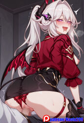 1girls ai_generated black_bra black_skirt devil_tail horn naotopanchira panties pantyshot pencil_skirt purple_eyes red_jacket solo_focus succubus thelema thelema_(honkai_impact) thelema_nutriscu upskirt white_hair