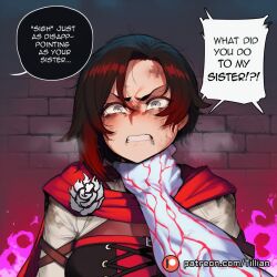 1boy ai_generated angry asphyxiation black_hair breasts brick_wall cape cloak colored_skin english_text female flower gradient_hair grey_eyes hand_on_another's_neck looking_at_viewer multicolored_hair patreon_logo patreon_username pov red_cape red_hair rose ruby_rose ruby_roseruby_rose rwby salem_(rwby) short_hair solo_focus speech_bubble strangling teeth tillian two-tone_hair upper_body veins watermark