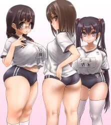3girls asanagi ass belly black_eyes black_hair blush braid breasts brown_eyes brown_hair buruma chubby covered_erect_nipples crop_top cropped_legs curvy fat_ass female female_focus female_only glasses gradient_background gym_uniform hair_between_eyes hair_ornament highres huge_ass huge_breasts kneehighs large_breasts long_hair looking_at_viewer looking_back muffin_top multiple_girls nipple_bulge original plump shirt_tucked_in short_hair skindentation small_breasts socks thick_thighs thigh_gap thighhighs thighs twin_braids twintails very_long_hair white_legwear wide_hips