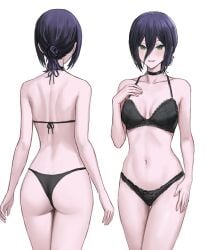 ass black_bra black_choker black_hair black_panties bow bow_bra bow_panties bra breasts chainsaw_man choker collarbone female green_eyes hair_between_eyes hair_bun halterneck hand_on_own_chest hashtag-only_commentary highres long_hair_between_eyes looking_at_viewer medium_breasts multiple_views navel panties parted_lips reze_(chainsaw_man) short_hair single_hair_bun skrillex_li string_bra thighs underwear underwear_only