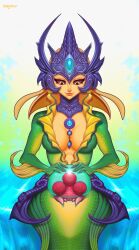 armor armour black_sclera cleavage crossover crown danderfull faulds female female_only gorget happy jewelry large_breasts league_of_legends marai merfolk mermaid metroid metroid_(creature) monster_girl nami_(league_of_legends) necklace orange_eyes smile split_form