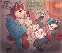 2025 animal_genitalia animal_penis anthro baileyx balls blue_clothing blue_eyes blue_robe bodily_fluids canid canine canine_genitalia canine_penis caught_cheating cheating_boyfriend christmas christmas_tree claws clock clothing colored cuckold cum cum_in_ass cum_inside dialogue english_text feet fur furniture genital_fluids genitals group hi_res holidays inside kneeling knotting living_room living_room_sex male male/male mammal musclegut muscular navel open_mouth penis perineum plant red_body red_christmas_ornament red_clothing red_fur red_shirt red_topwear robe robe_only sheath shirt sofa text topwear tree trio watch white_body white_fur wristwatch