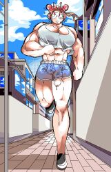 2021 animal_humanoid athletic_wear bara_moe_bitch barazoku bear blue_sky bodily_fluids bottomwear clothing day detailed_background digital_media_(artwork) foreskin genital_fluids genitals gym_bottomwear gym_shorts hair hi_res humanoid humanoid_genitalia humanoid_penis jogging male mammal mammal_humanoid muscular muscular_humanoid muscular_male penis penis_poking_out penis_through_leghole pink_hair pixel_(artwork) precum shirt shorts sky solo sweat tank_top topwear ursid_humanoid