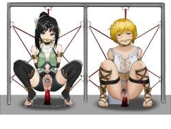 2boys absurdres anal anal_object_insertion arms_behind_back ball_gag bare_shoulders black_gloves black_hair black_thighhighs blonde_hair blue_eyes bound bound_arms chastity_cage chastity_cage_emission clothing_cutout collar collarbone commentary_request dildo drooling elbow_gloves elegia femboy femboy_only femboysub gag gagged gloves green_shirt highres large_variant_set long_hair looking_at_viewer male male_only malesub multiple_boys navel_cutout object_insertion open_mouth original ponytail pubic_tattoo restrained sandals separated_legs sex_toy shirt short_hair shorts sleeveless sleeveless_shirt small_chastity_cage spread_legs squatting stationary_restraints stirrup_legwear submissive_male tattoo testicles thighhighs tiya_(yi_er_san_si) toeless_legwear trap variant_set