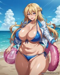ai_generated ball beach beachball belly bikini bikini_bottom bikini_bottom_aside blonde_hair blue_bikini blue_eyes blue_sky blue_swimsuit blush bracelet braid breasts cleavage clothing clothing_aside cloud collarbone covered_nipples curvy day female french_braid front-tie_bikini_top front-tie_top hair_between_eyes hair_ribbon holding holding_ball holding_beachball huge_breasts innertube jacket jewelry large_breasts long_hair long_sleeves looking_at_viewer mosaic_censoring navel nipples ocean open_clothes open_jacket open_mouth outdoors plump pussy pussy_juice ribbon sand shore side-tie_bikini_bottom side-tie_clothing side-tie_swimsuit sky smile solo standing sweat swim_ring swimsuit thick_thighs thighs waifuai_studio water white_jacket wide_hips