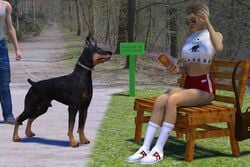 2boys 3d animal_genitalia brodymax canine doberman female glasses outdoors park text zoophilia